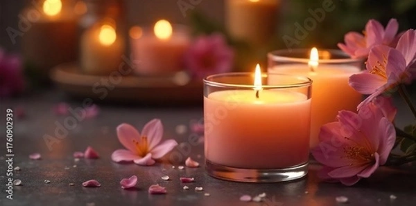 Fototapeta Serene Spa Atmosphere Softly Burning Soy Candles Create a Calming and Relaxing Ambiance, Perfect for Aromatherapy, Self-Care, and Relaxation. Elegant Glass Containers, Ivory Scented Wax.