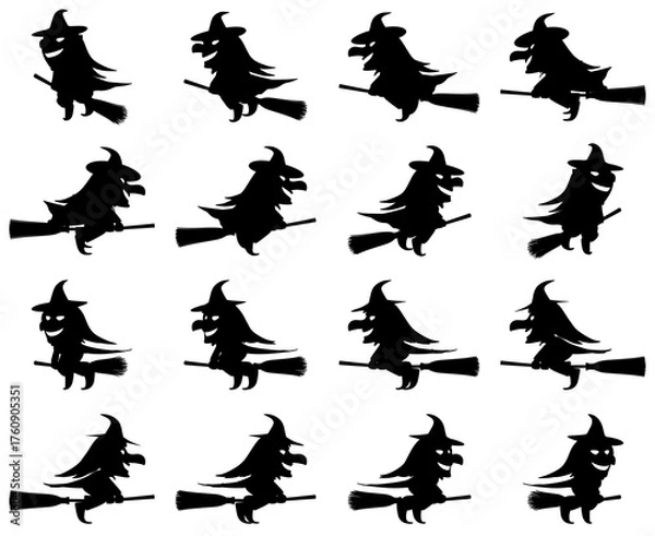 Obraz ハロウィンのイラスト素材　箒に乗って空を飛ぶ魔女のシルエット　カット十六点セット