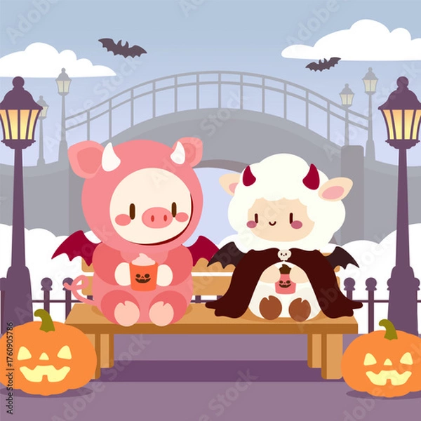 Fototapeta Cute Pig and Sheep in Devil Costumes, Halloween Bench Scene Vector.Kawaii Halloween Characters Relaxing on Bench with Pumpkins and Bats.