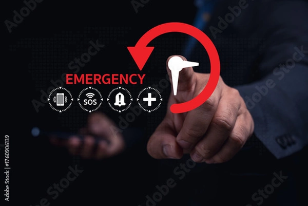 Fototapeta A hand pressing an emergency button, symbolizing urgent assistance with icons for SOS, help, and communication.