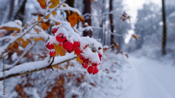 Obraz Red berries covered in fresh snow on branch with autumn leaves in white forest path, peaceful winter nature close-up seasonal background