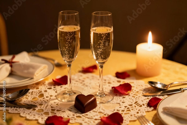 Fototapeta A romantic table setting features two champagne flutes, red rose petals, a heart-shaped chocolate, and a lit candle. This intimate scene conveys love, celebration, and luxury dining.