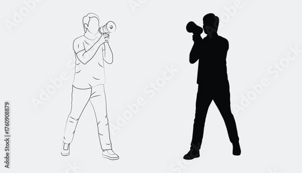 Fototapeta Outline illustration of a man holding a megaphone, representing announcement, protest, communication, and public speaking concepts.