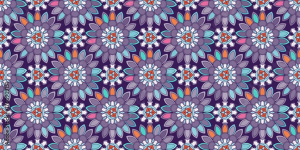 Fototapeta Seamless pattern with traditional Indian floral ornament for fabric swatch or wrapping paper. Vector abstract kaleidoscopic background