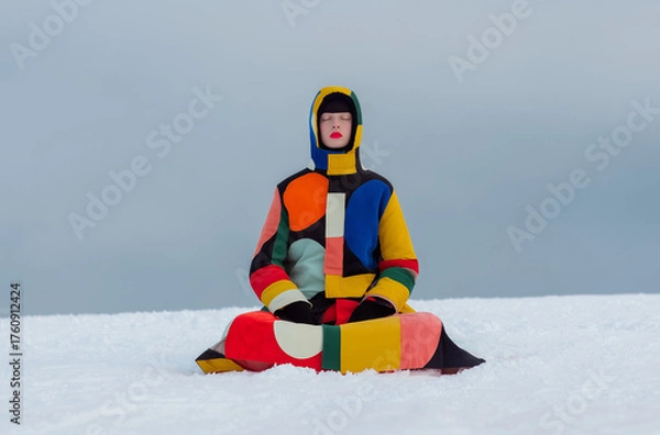 Obraz Fashion figure in colorful geometric coat meditating in snow, symbol of mindfulness, peace and creative expression. Perfect for lifestyle campaigns, branding, and digital visuals.