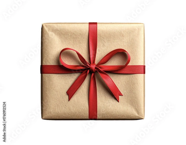 Fototapeta Kraft Gift Box with Red Satin Ribbon – Realistic Isolated PNG on Transparent Background