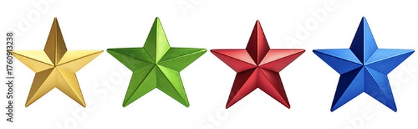 Fototapeta Set of 4 Colored 3D Stars – Gold Green Red Blue – Isolated PNGs on Transparent Background