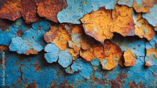 Obraz 錆びた金属と剥がれた塗装の質感マクロ写真