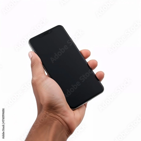 Obraz Smartphone with blank display in hand, isolated on white background.