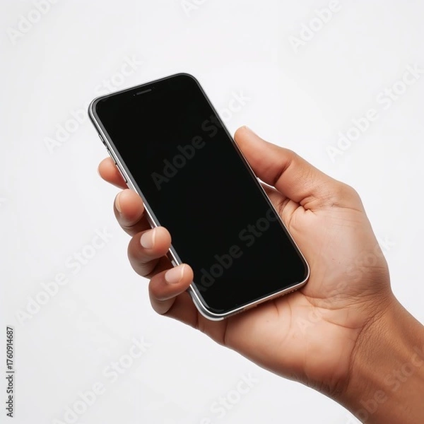Obraz Smartphone with blank display in hand, isolated on white background.