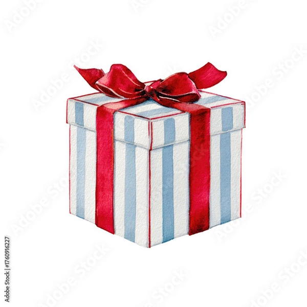 Fototapeta A gift box, light blue and white striped, tied with a red ribbon