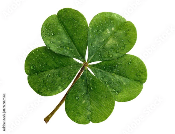Fototapeta Close-up of a four-leaf clover, vibrant green with water droplets (1)