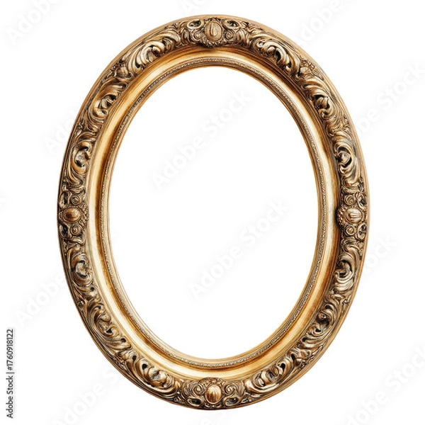 Fototapeta Ornate gold oval frame.  Empty picture frame with detailed, carved, gold-toned border