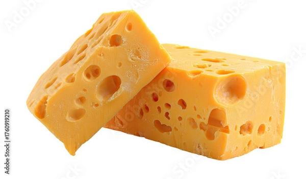 Fototapeta Two blocks of cheese, cut in half, with holes