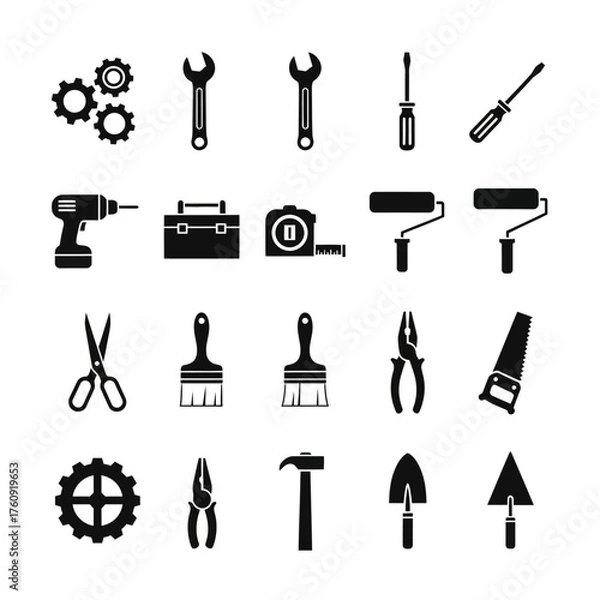 Fototapeta A series of black and white wrench tool icons. Vector icon set. Isolated on a white background.