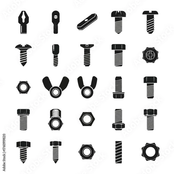 Obraz Set of black screw, bolt, and nut icons. Perfect for engineering, construction, mechanical, and industrial design projects. Vector illustration for technical tools and hardware themes.