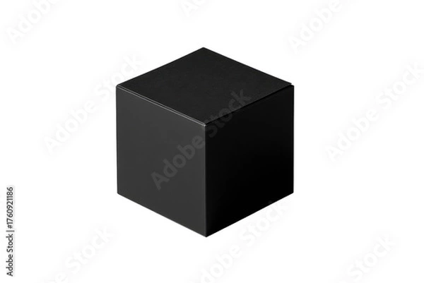 Fototapeta A solid, matte-black cube floats against a completely black background.  The cube's edges are sharp, and it appears smooth, without visible texture
