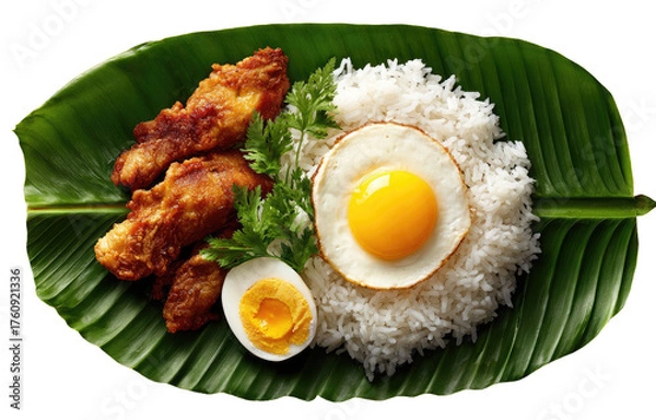 Fototapeta A vibrant plate of rice, fried fish, and eggs, arranged artfully on a large banana leaf