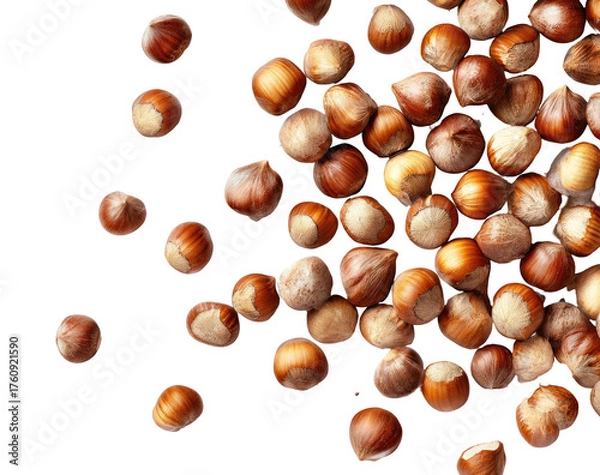 Fototapeta Hazelnuts scattered on a dark background