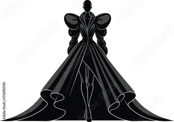 Obraz Vector art of elegant silhouette of a woman in a dramatic black ball gown with voluminous sleeves and a sweeping train