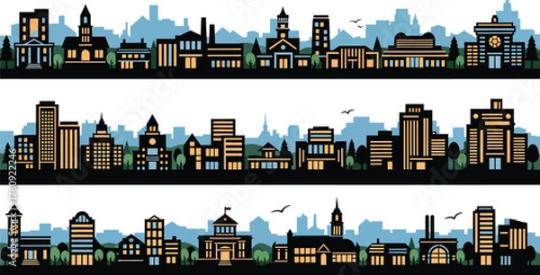 Obraz Vector art of a panoramic cityscape illustration featuring three distinct horizontal bands of silhouetted buildings against a light blue sky with scattered birds