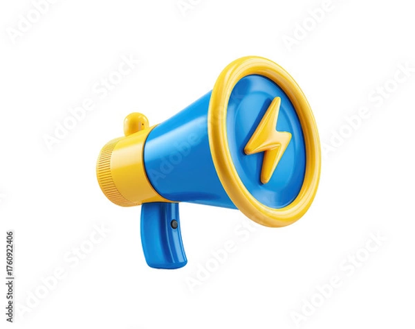 Fototapeta 3D illustration of a blue and yellow megaphone with a lightning bolt graphic