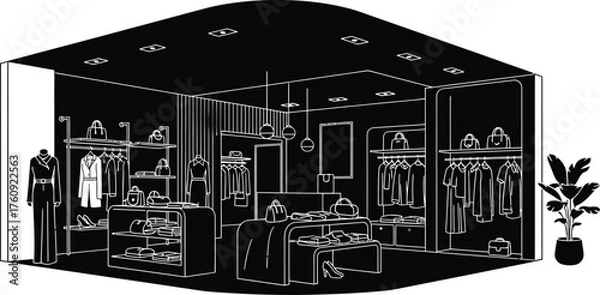 Obraz Vector art of a black and white illustration of a modern clothing boutique interior, showcasing racks of apparel, display tables, and a mannequin