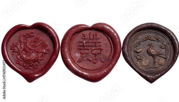 Fototapeta Three heart-shaped wax seals, red and dark brown.  Each seal displays intricate designs one with a bird, another with stylized script and symbols, and the third with a bird and foliage.  