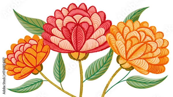Fototapeta Very beautiful knitted flowers in vibrant orange and pink hues arranged on a clean white background, showcasing delicate craftsmanship, texture, and cheerful decorative charm.