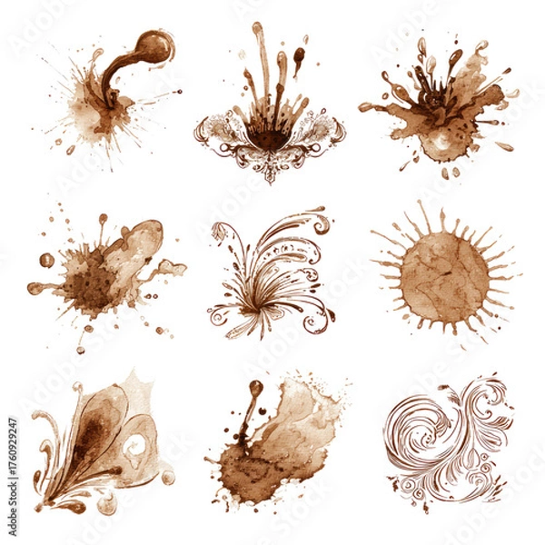 Fototapeta Abstract, organic patterns in varying shades of brown, resembling liquid splashes or stains.  Each of nine distinct forms showcase intricate, flowing shapes