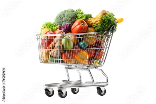 Fototapeta Full shopping cart overflowing with colorful fruits and vegetables