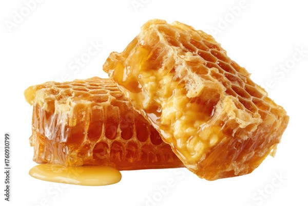 Fototapeta Two pieces of honeycomb, golden-brown, with honey dripping