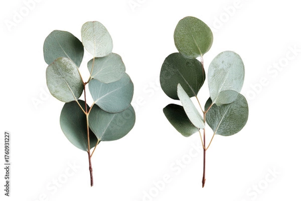 Fototapeta Two sprigs of eucalyptus leaves against a black background.  The leaves are a soft, greyish-green, and appear roundish in shape, with delicate stems.  