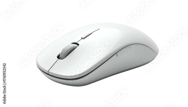 Fototapeta A sleek, white wireless computer mouse with a scroll wheel and button, set against black