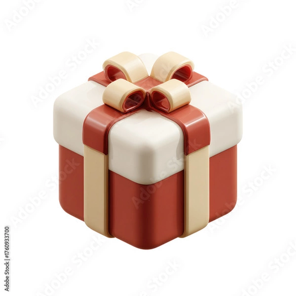Fototapeta 3D gift box with a ribbon and bow.  A square gift box, light beige/cream top and reddish-brown bottom, is presented in a 3D style.  A tan ribbon with a bow decorates the box