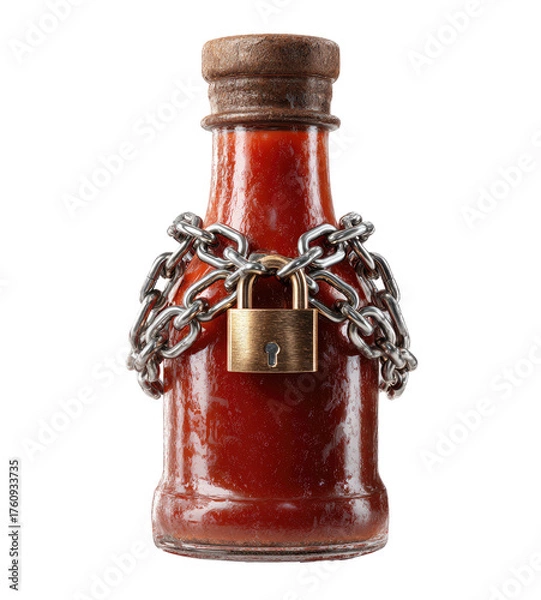 Fototapeta A small glass bottle of red sauce, tightly bound by a metal chain and padlock