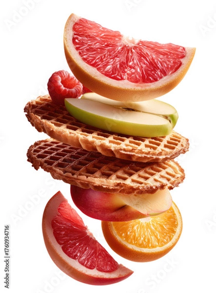 Fototapeta Stacked waffles with vibrant fruit slices