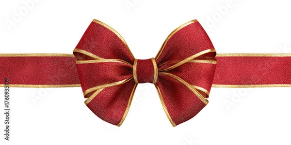 Fototapeta A rich maroon bow, tied with gold-trimmed ribbon, sits atop a horizontal band of the same maroon ribbon