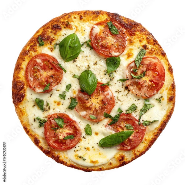 Fototapeta Round pizza topped with slices of tomato, mozzarella cheese, and fresh basil