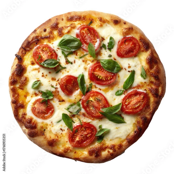 Fototapeta Round pizza topped with mozzarella, cherry tomatoes, and fresh basil