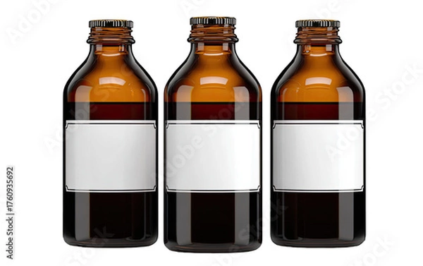 Fototapeta Three amber glass bottles, each with a blank white label, stand side-by-side