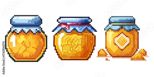 Obraz Pixel art style collection of three jars of sweet golden honey
