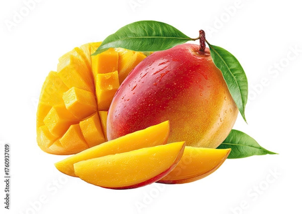 Fototapeta Close-up of fresh, juicy mangos, cut into slices and segments.  Brightly colored, vibrant yellow and red mango flesh.  Green leaves are visible