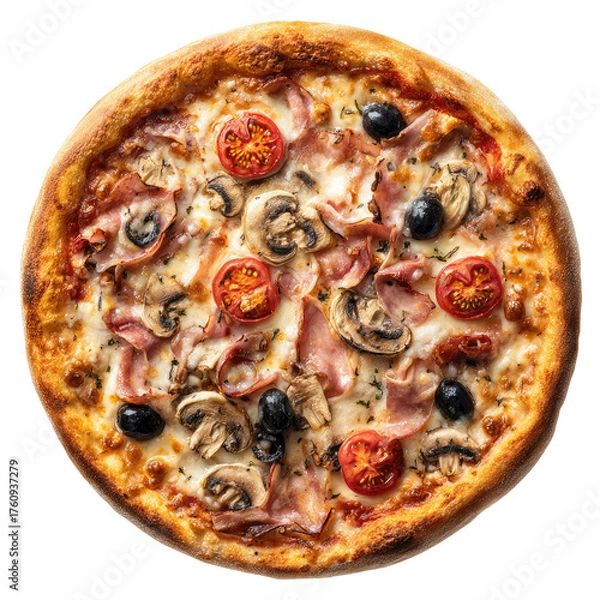 Fototapeta Round pizza with ham, mushrooms, olives, and cherry tomatoes.  Melted cheese and a golden crust