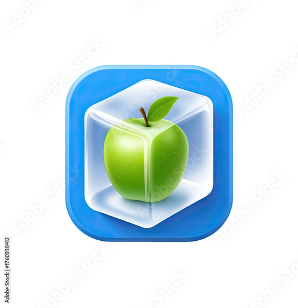 Fototapeta A vibrant, square icon depicts a green apple encased within a transparent ice cube. The icon's background is a striking blue