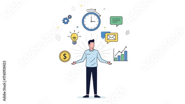 Fototapeta Person multitasking with business icons flat vector illustration representing time management and efficiency isolated on white background