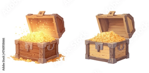 Fototapeta Two open wooden treasure chests filled with gold coins.  Light glows from within the open chests