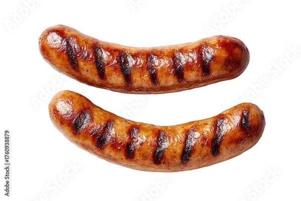 Fototapeta Two grilled sausages, top view.  Crispy brown exterior, visible grill marks
