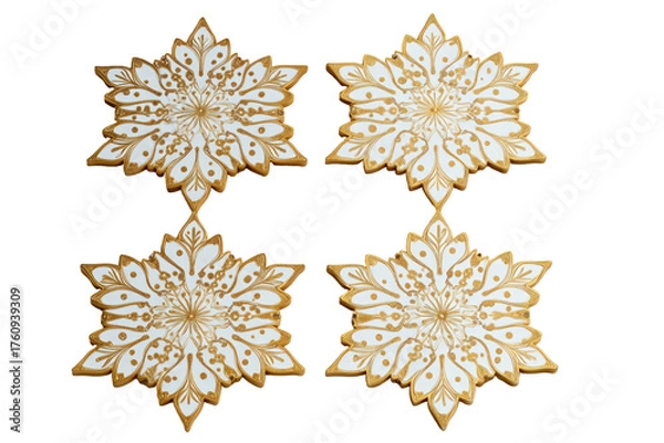 Fototapeta Four ornate, golden-edged snowflake-shaped cookies, decorated with white icing designs