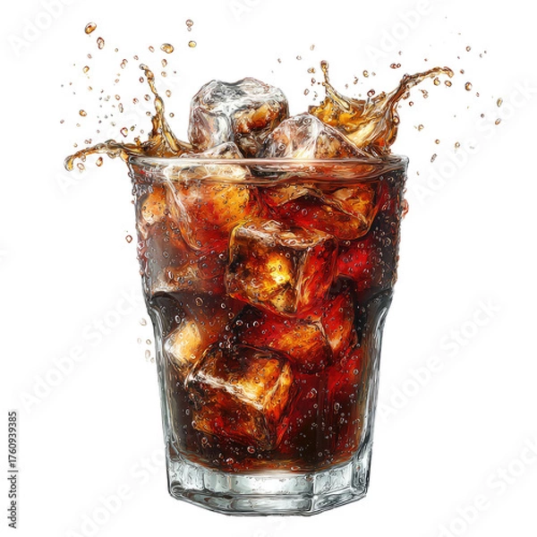 Fototapeta Sparkling dark drink in glass, ice splashing